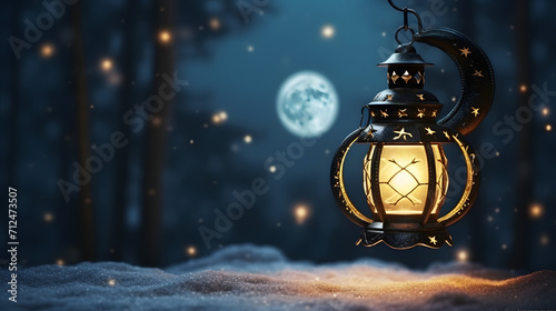 Glowing Lantern in Moonlit Winter Night