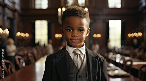 A poised young boy stands formally dressed in a suit and tie within the solemn atmosphere of a courtroom.generative ai
 photo