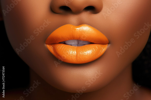 Close up view of beautiful black woman lips with bright orange lipstick. Cosmetology, drugstore or fashion makeup concept. photo