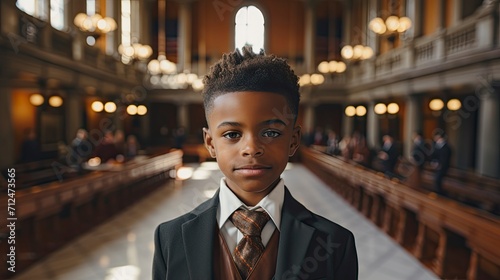 A poised young boy stands formally dressed in a suit and tie within the solemn atmosphere of a courtroom.generative ai
 photo