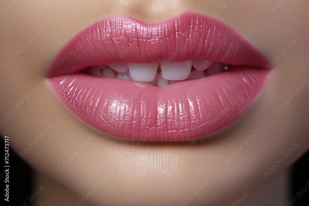 Close up view of beautiful woman lips with pink lipstick. Cosmetology, drugstore or fashion makeup concept. Close up view of beautiful woman lips with pink lipstick. Cosmetology, drugstore or fashion makeup concept.
