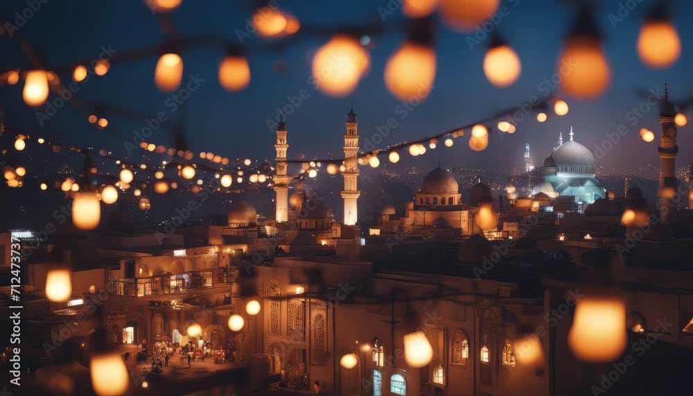 Describe the beauty of a cityscape adorned with Ramadan decorations, including colorful lights