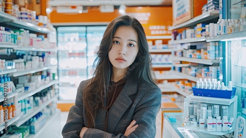 A cheerful young female pharmacist stands confidently with crossed arms in a well-stocked pharmacy, ready to assist. generative ai 