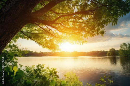 Sun Setting Over Lake Surrounded by Trees, Serene and Picturesque Nature Scene