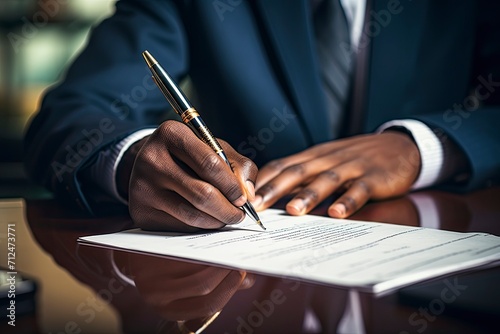 Close-up of a businessman's hand signing a contract with a luxury pen, representing professional commitment and agreement.generative ai 