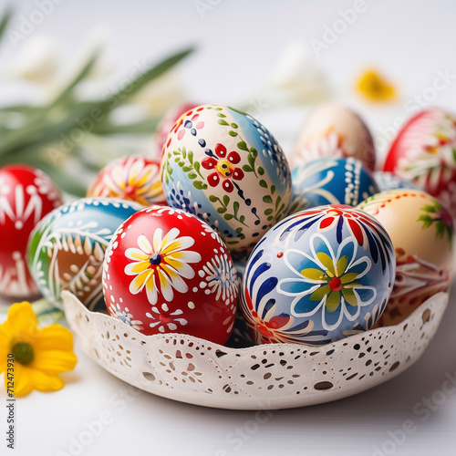 Spring flowers and Easter eggs on a white background