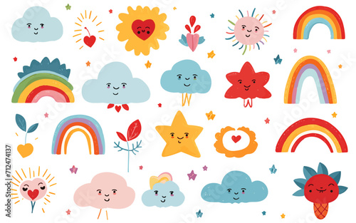 set of cute colorful rainbows stars clouds and flowers