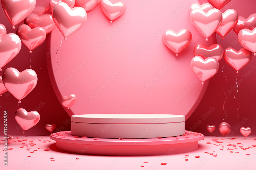 Empty podium decoration for product with heart-shaped balloons flying, all in pink color. Generative AI