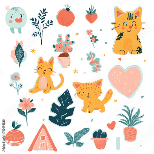 set of cats leaves natural flowers hearts vectors