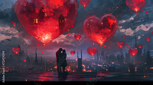 A romantic anime moment captured in a screenshot as a couple shares a kiss on a rooftop, surrounded by floating red balloons in the sky