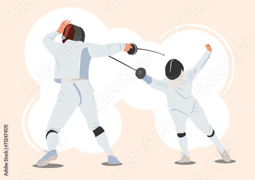 Fencing players vector isolated illustration on white background. Fencing competitions. Sword fight. Male athletes in white suits