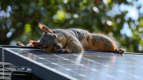 Solar Serenity: Squirrel Sunbathing on Rooftop Panel