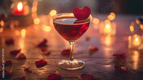A romantic evening with a touch of elegance, as a flickering candle illuminates a glass of red wine adorned with a heart-shaped rose, resting on a classic martini glass among other stemware and barwa