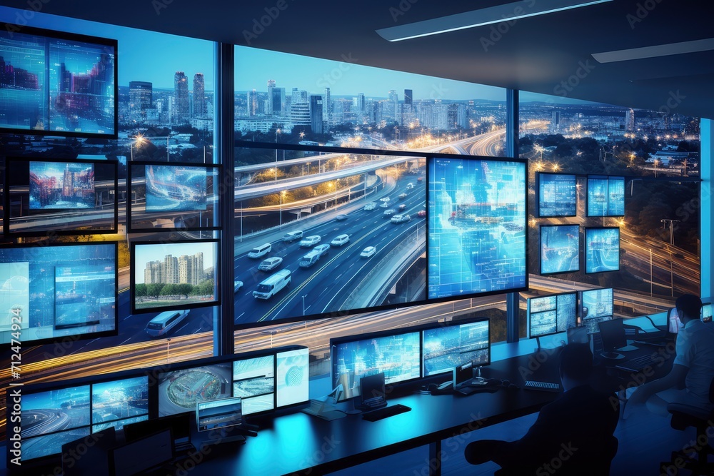 Naklejka premium Array of Computer Screens Illuminate Filled Room With Technology