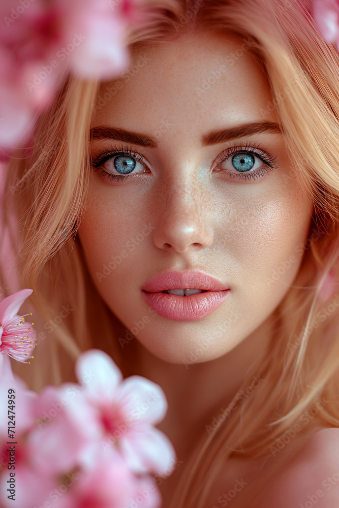 fashion portrait of a face of a young redhead woman on branching spring blossoming cherry trees