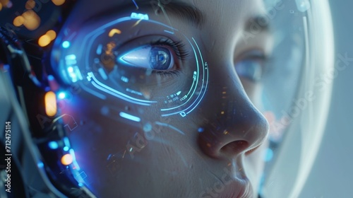 The girl's face with elements of an interactive glowing interface. AI and Human interface with beautiful futuristic bliss 