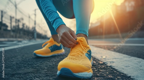Athlete Tying Shoe Laces on Road Getting Ready to Race Generative AI photo