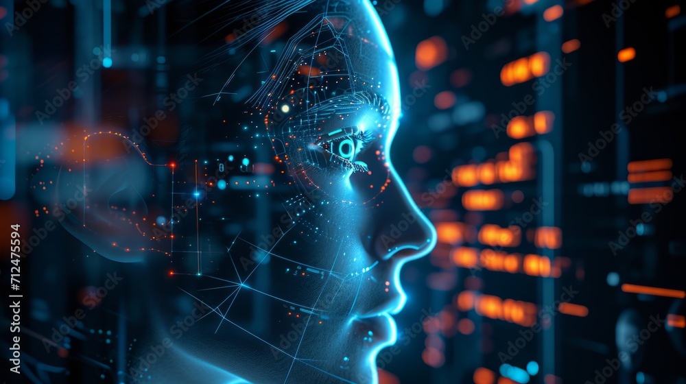 The girl's face with elements of an interactive glowing interface. AI and Human interface with beautiful futuristic bliss The girl's face with elements of an interactive glowing interface. AI and Human interface with beautiful futuristic bliss