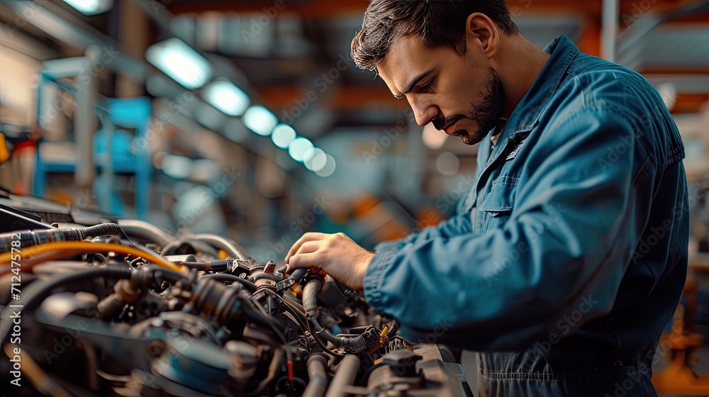 A photograph of a skilled auto mechanic, wearing a blue jumpsuit, intensely focused on repairing a complex car engine A photograph of a skilled auto mechanic, wearing a blue jumpsuit, intensely focused on repairing a complex car engine