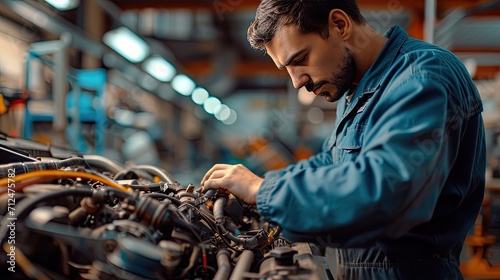 A photograph of a skilled auto mechanic, wearing a blue jumpsuit, intensely focused on repairing a complex car engine © WARAPHON