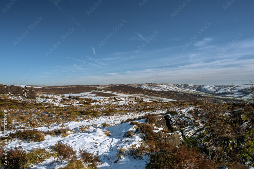 A rural Peak District National Park winter landscape scene of Ramshaw Rocks.