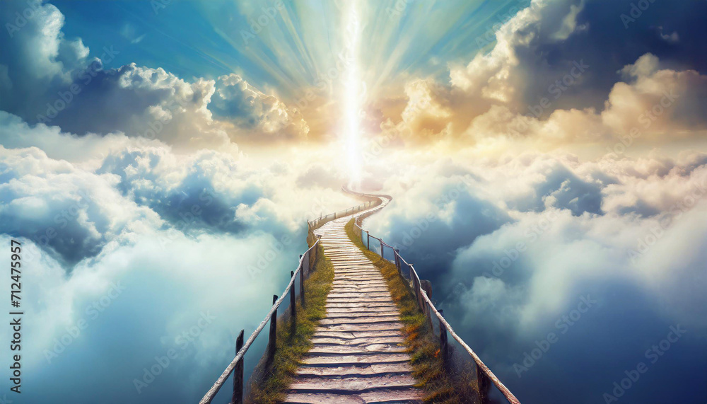 Concept of a path winding through the clouds, ending at a brilliant light in the distance. It symbolizes heaven, afterlife, a near-death experience, or simply the path to a goal and bright future - obrazy, fototapety, plakaty 