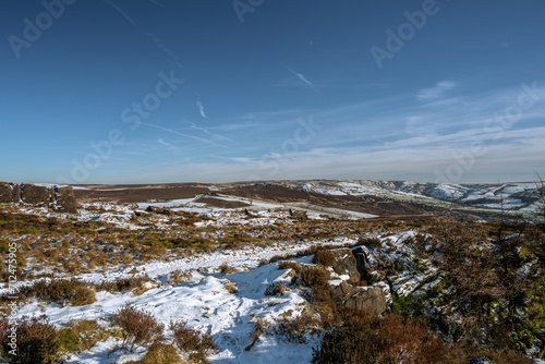 A rural Peak District National Park winter landscape scene of Ramshaw Rocks.