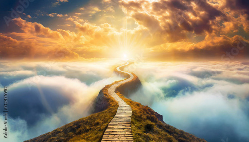 Concept of a path winding through the clouds, ending at a brilliant light in the distance. It symbolizes heaven, afterlife, a near-death experience, or simply the path to a goal and bright future