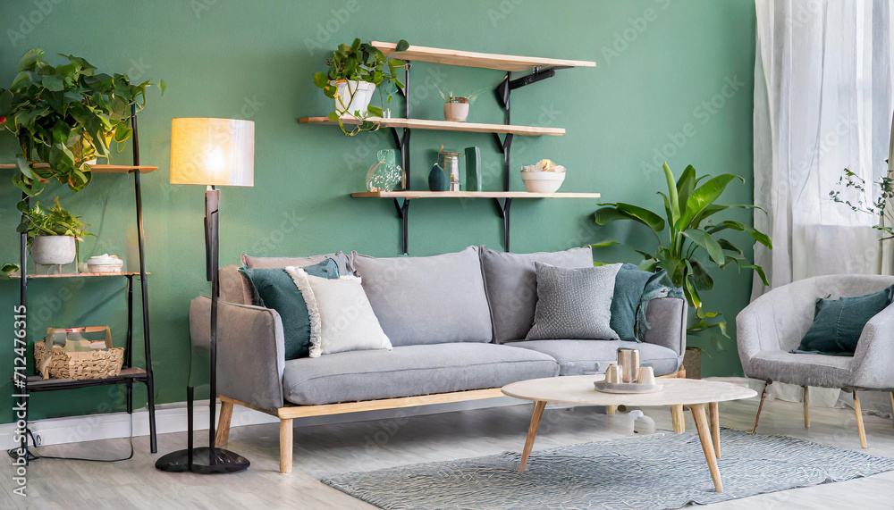 Grey sofa against green wall with floating shelf. Scandinavian home interior design of modern living room. Grey sofa against green wall with floating shelf. Scandinavian home interior design of modern living room.