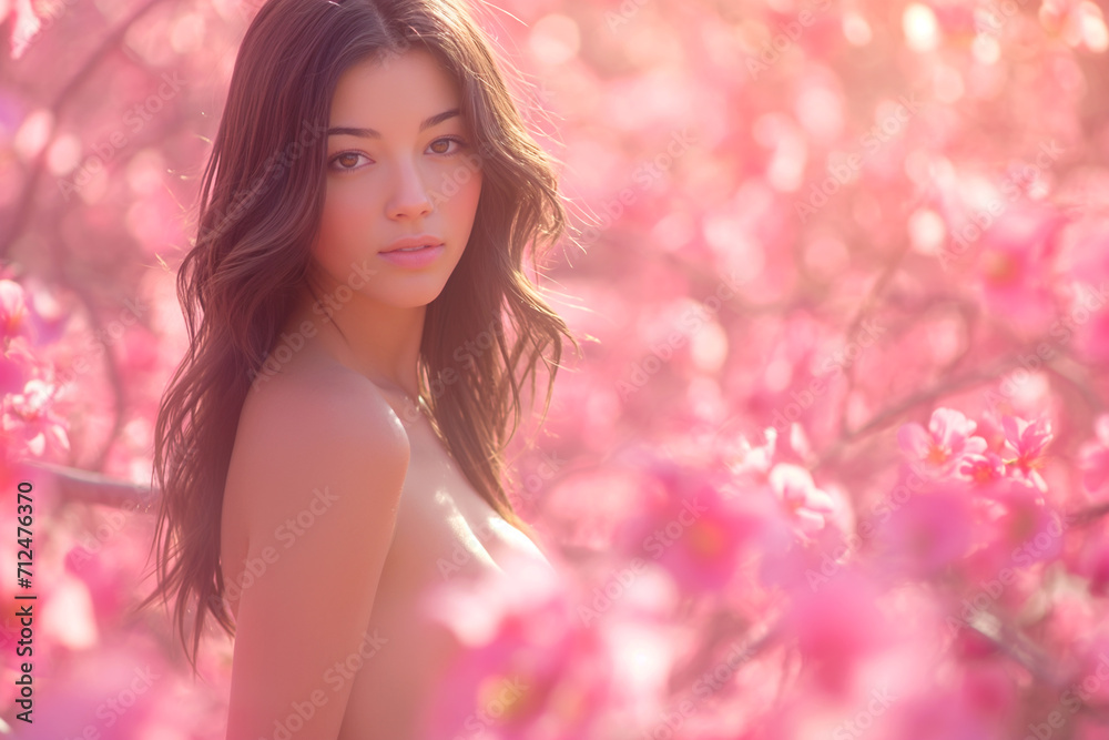 Sexy blonde woman in pink romantic lingerie on a field of pink flowers. Sexy blonde woman in pink romantic lingerie on a field of pink flowers.