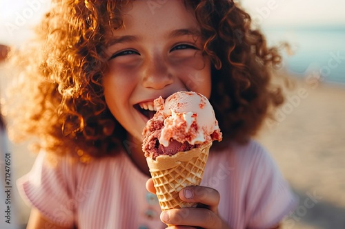 Girl eating ice cream,curly baby,babe holding an ice cream cone in her hands,cheerful girl laughing