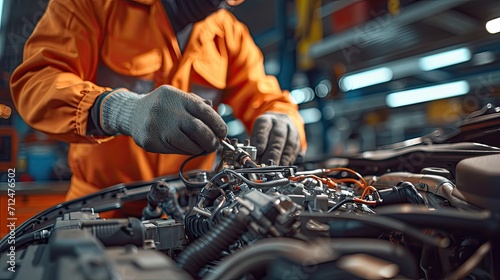 A photograph of a skilled auto mechanic, wearing a blue jumpsuit, intensely focused on repairing a complex car engine, in a well-lit, organized car repair shop. The engine is detailed with shiny metal