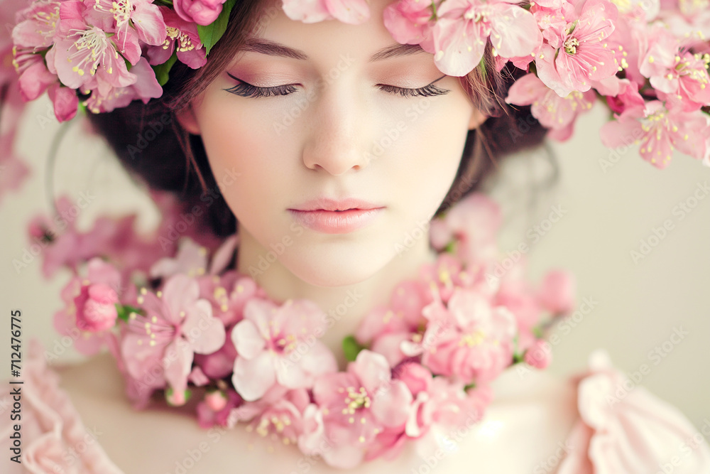 beautiful woman with pink flowers portrait, young glamour and luxury female with perfect skin. beautiful woman with pink flowers portrait, young glamour and luxury female with perfect skin.