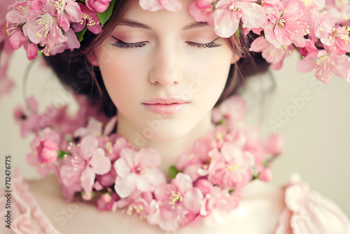 beautiful woman with pink flowers portrait  young glamour and luxury female with perfect skin.