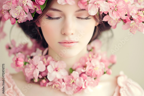 beautiful woman with pink flowers portrait, young glamour and luxury female with perfect skin. © Bonya Sharp Claw