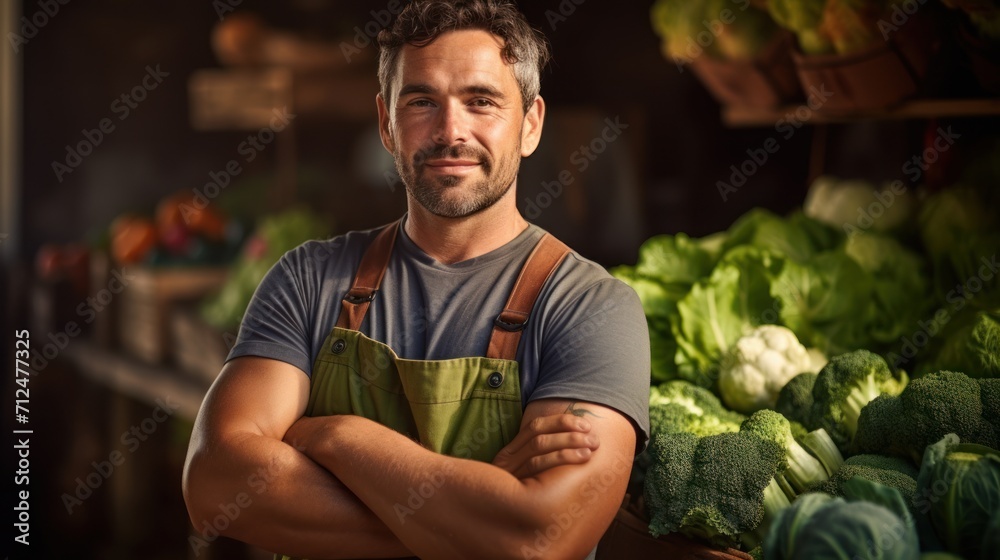 man farmer with fresh vegetables, cabbage harvest, natural selection, organic, harvest season, agricultural business owner, young smart framing, healthy lifestyle, farm and garden direct, non toxic - obrazy, fototapety, plakaty 