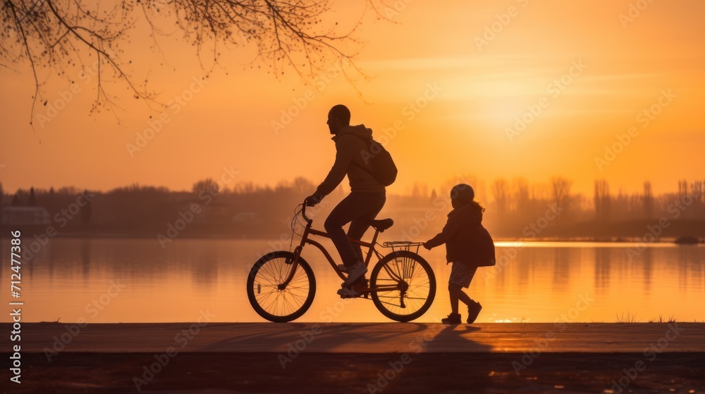Fototapeta premium Parent and child biking together on morning before sunrise, lifestyle, leisure, summer, nature, young, family, sky, ride, sunset, silhouette, son, vacation, recreation