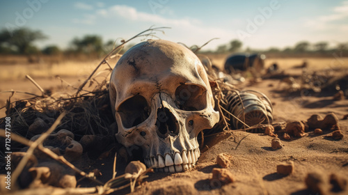 Human skull on Land with dry and cracked ground. Desert. Global warming background
