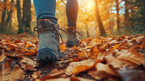  photo of a group of tourists walking along a path in an autumn forest. Close-up on diverse footwear  surrounded by fallen leaves  morning light filtering through trees