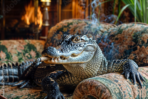 Alligator Relaxing on Vintage Sofa and Smoking a Cigar. Created with Generative AI