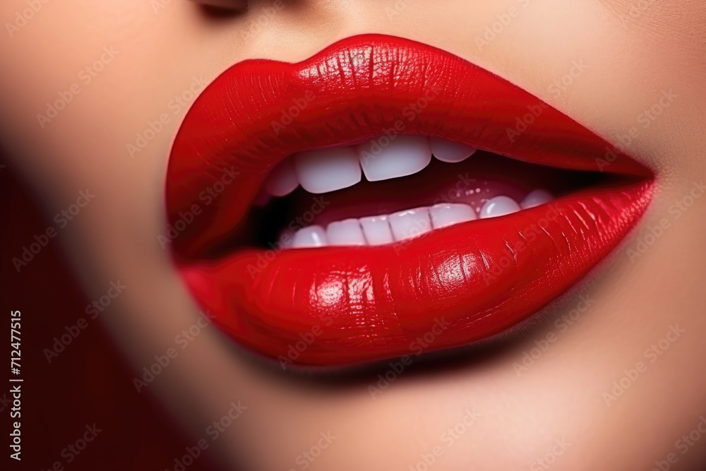 Obraz premium Close up view of beautiful woman lips with red lipstick. Cosmetology, drugstore or fashion makeup concept.