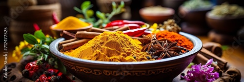 Vibrant Close-up of a Variety of Natural Spices in Different Utensils - Realistic Concept. Banner. Panoramic.