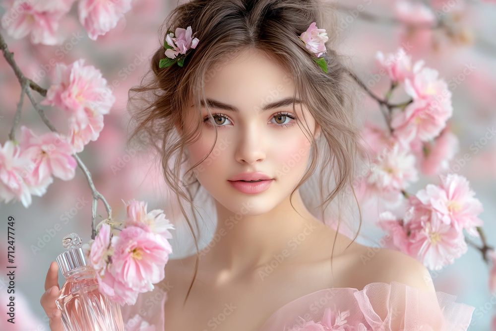 Portrait of a woman in a garden with pink flowering trees close-up