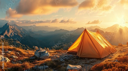 Rear view of Image of a tourist couple carrying a backpack on their backs, Sunset view of a camping tent high in the mountains. Golden sunlight casting 