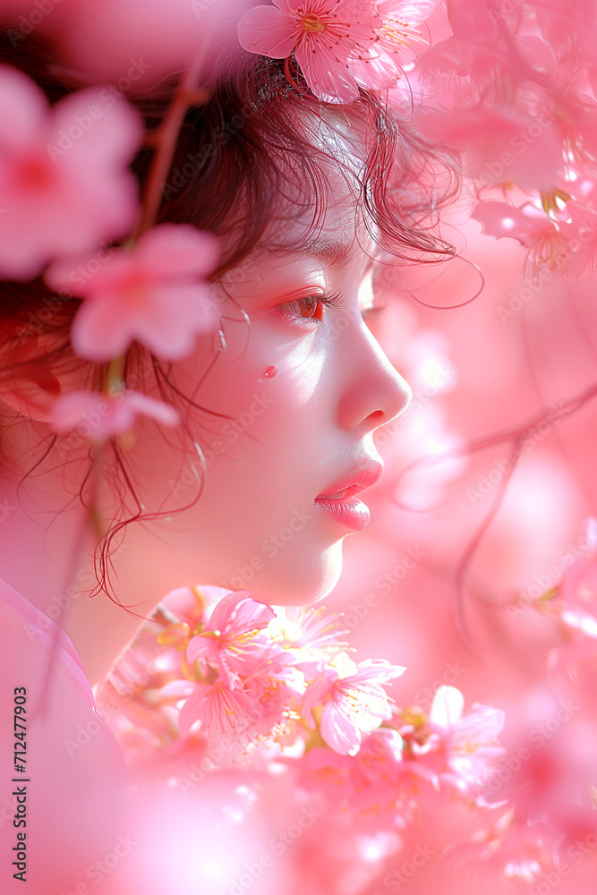 Portrait of a woman in a garden with pink flowering trees close-up Portrait of a woman in a garden with pink flowering trees close-up