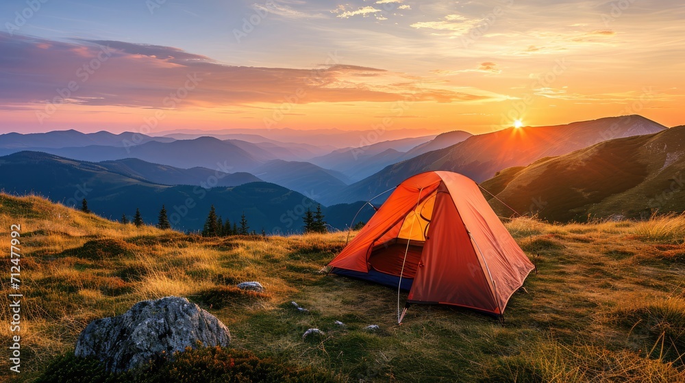 camping tent on a mountaintop, captured at the golden hour of sunset. Soft sun rays, panoramic view of rugged mountains, serene solitude. Created Using: dynamic lighting, wide-angle shot, rich color p