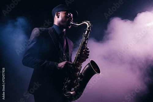 Male musician on stage plays the saxophone dark with smoke