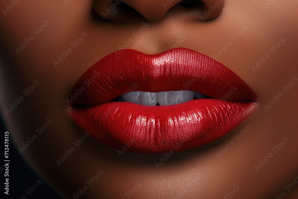 Close up view of beautiful black woman lips with red lipstick. Cosmetology, drugstore or fashion makeup concept. Close up view of beautiful black woman lips with red lipstick. Cosmetology, drugstore or fashion makeup concept.