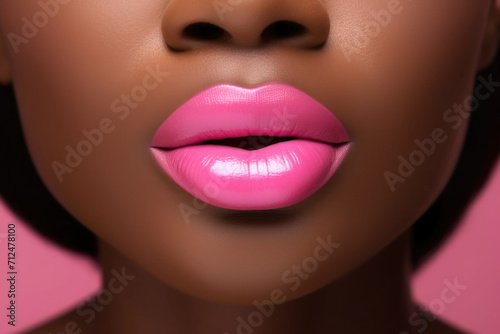 Close up view of beautiful black woman lips with bright pink lipstick. Cosmetology, drugstore or fashion makeup concept.
