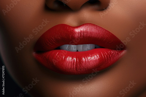 Close up view of beautiful black woman lips with red lipstick. Cosmetology, drugstore or fashion makeup concept. photo